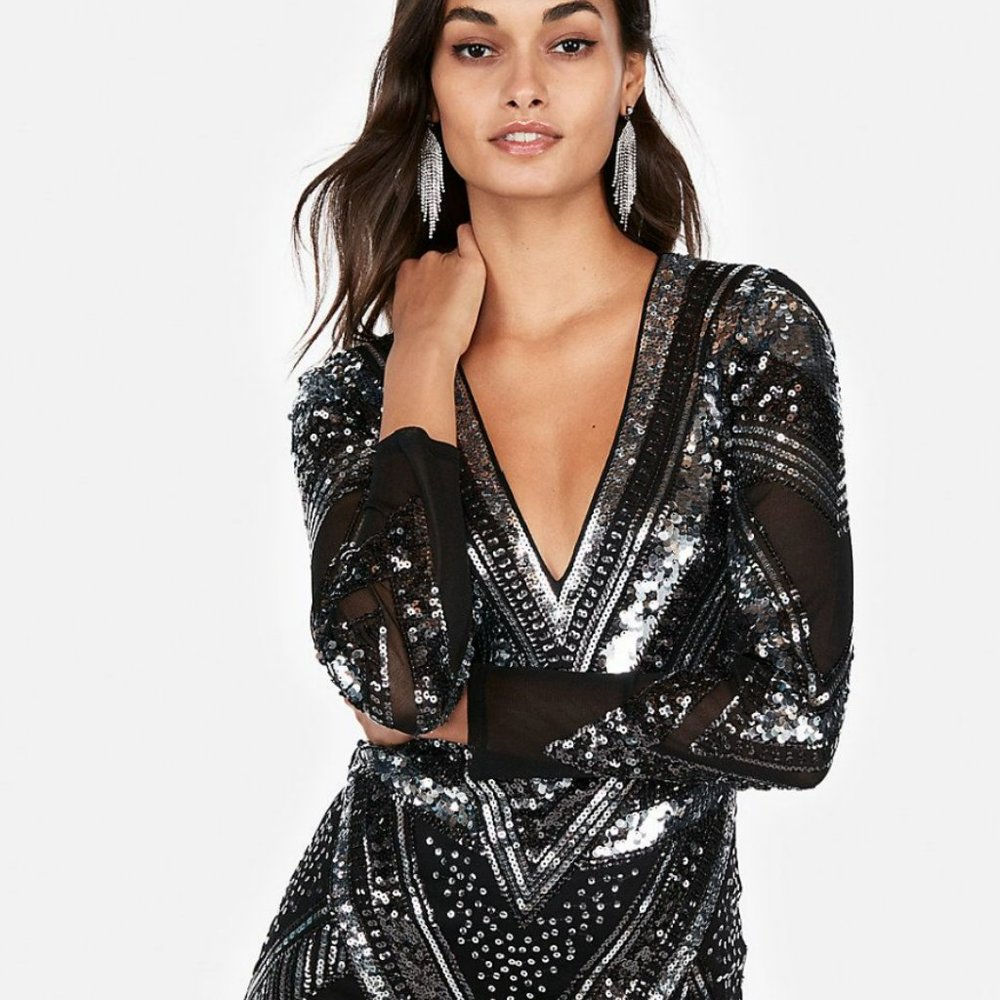 Express Sheer, Black & Silver Pattern Dress - image 2